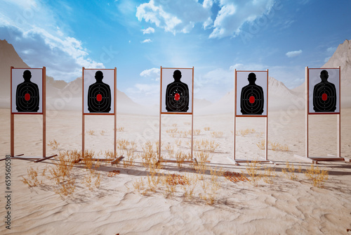 Shooting range with target riddled by bullets. Training practice or competition
