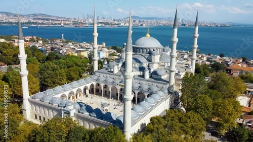 Hagia Sophia and Blue Mosque in Sultanahmet district of Istanbul, Turkey. Aerial view from drone. Suleymaniye Mosque is Ottoman imperial mosque in Istanbul, Turkey. It is largest mosque in city.