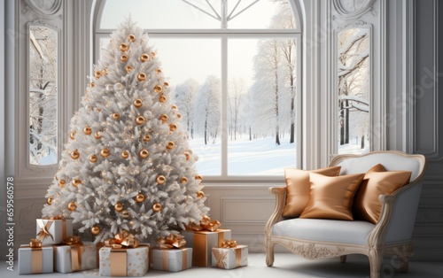 White Background. Christmas interior tree with gifts near window at home.
