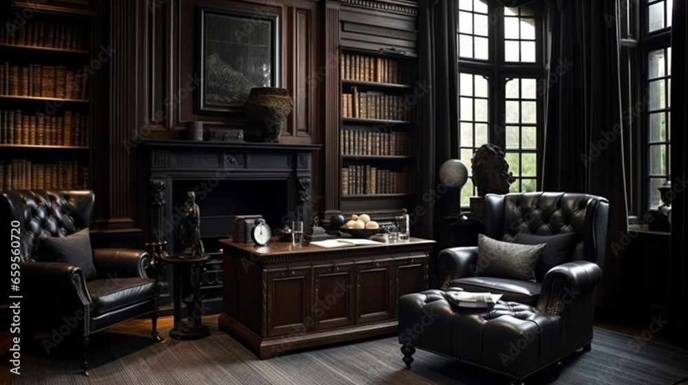 Combine dark wood and soft textiles for a refined look in a gentleman's study.