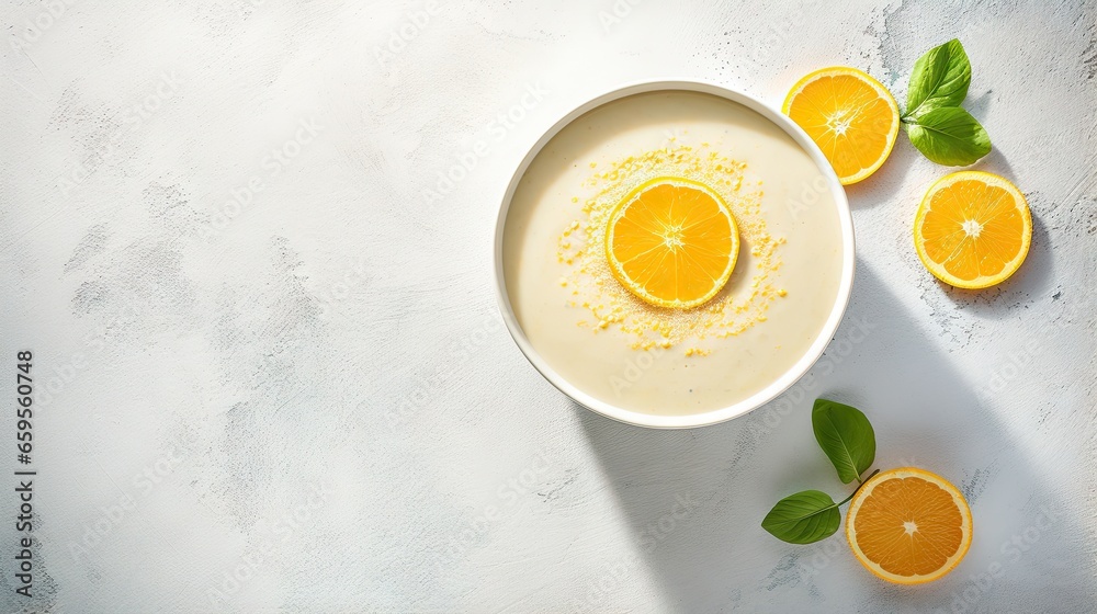 a white bowl filled with orange slices next to green leaves. generative ai a white bowl filled with orange slices next to green leaves. generative ai