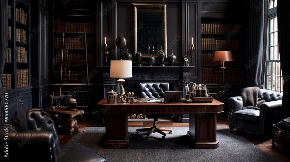Combine dark wood and soft textiles for a refined look in a gentleman's study.