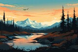 beautiful mountain and river nature landscape in fir forest illustration