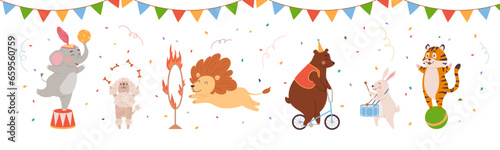 Cartoon circus animals vector set, pets acrobat performing tricks, tiger on a ball, bear on a bicycle, elephant, lion