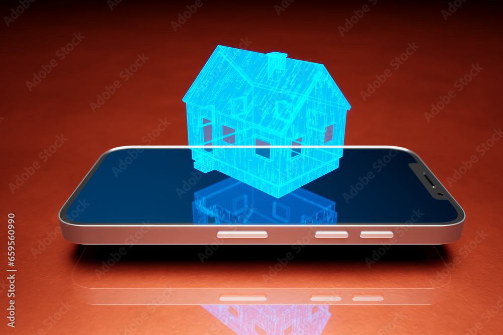 Symbol of modern home technology. The blue virtual house above the smartphone.