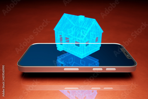 Symbol of modern home technology. The blue virtual house above the smartphone.