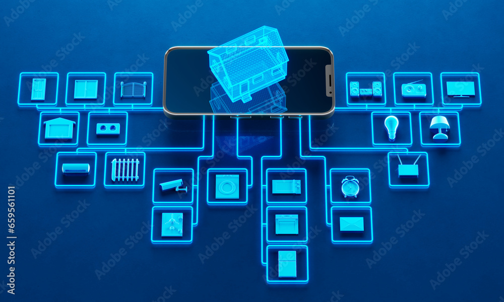 Blue smart home assistant connections between domestic appliances diagram.