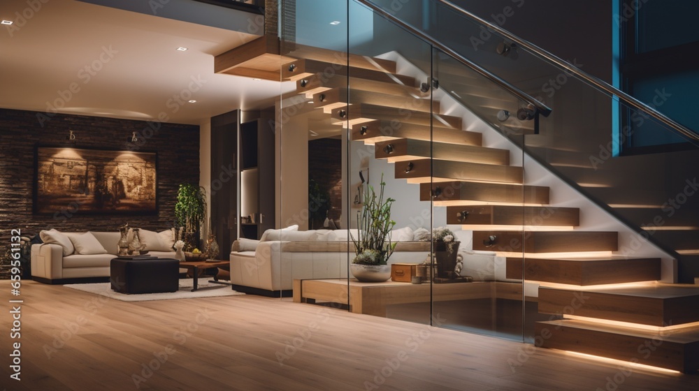Obraz premium Ascend to modernity with a staircase featuring glass railings and LED lighting.