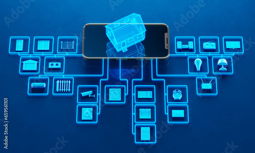 Obraz na płótnie Blue smart home assistant connections between domestic appliances diagram. w salonie