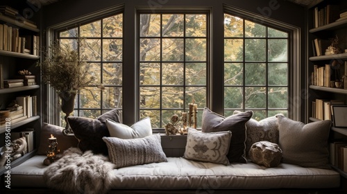 Create a cozy nook by the window with plump cushions and throw pillows.