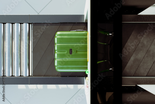Green Hard Shell Suitcase on Airport Moving Walkway Split View
