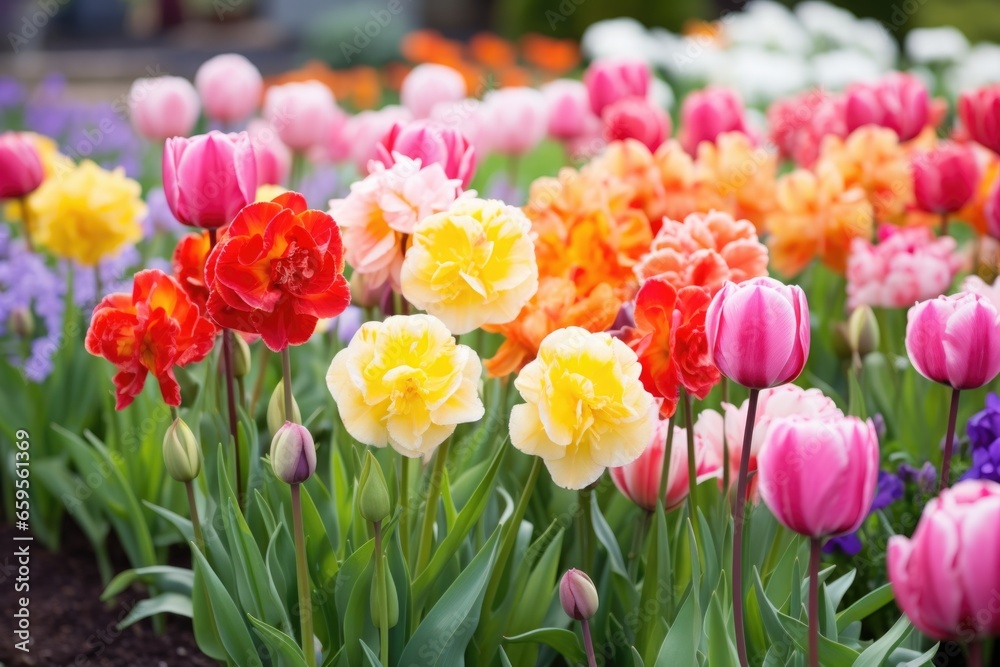 closely grown field of multicolored tulips closely grown field of multicolored tulips