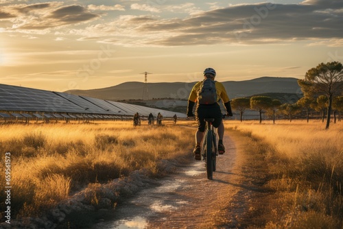 castilla y leon, . man from behind leaning on bicycle looking at wind power towers and solar farm in rural setting at sunset photo