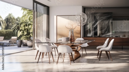 Contemporary Dining Room with a Long Glass Table and Designer Chairs.