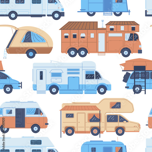 Seamless vector pattern with camper van, trailer, hindcarriage, mobile cabin house, outdoor summer RV leisure and trip © sabelskaya