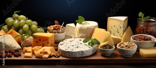 cheese section at a fancy buffet or a supermarket dairy products section as wide banner with copy space area