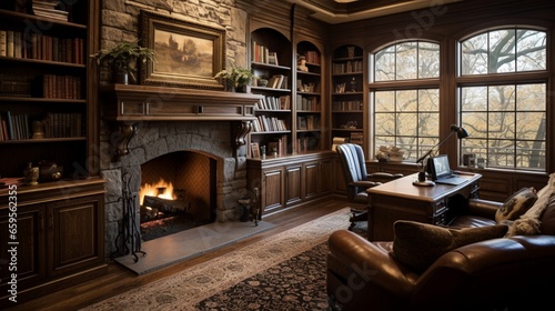 A private study boasting built-in shelves and an inviting, crackling fireplace.