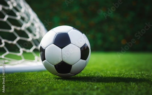 soccer ball in goal with green backgroung
