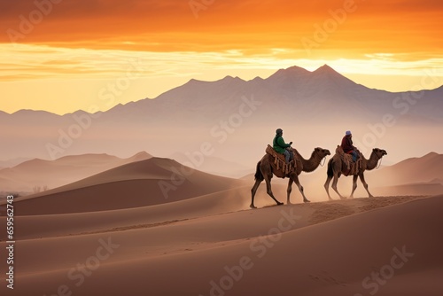 man riding through the desert with two camels, gobi desert,