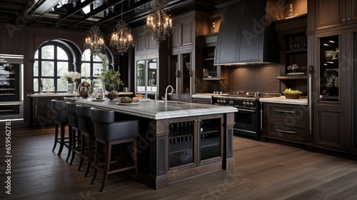 A designer kitchen characterized by a blend of dark wood and metallic accents.