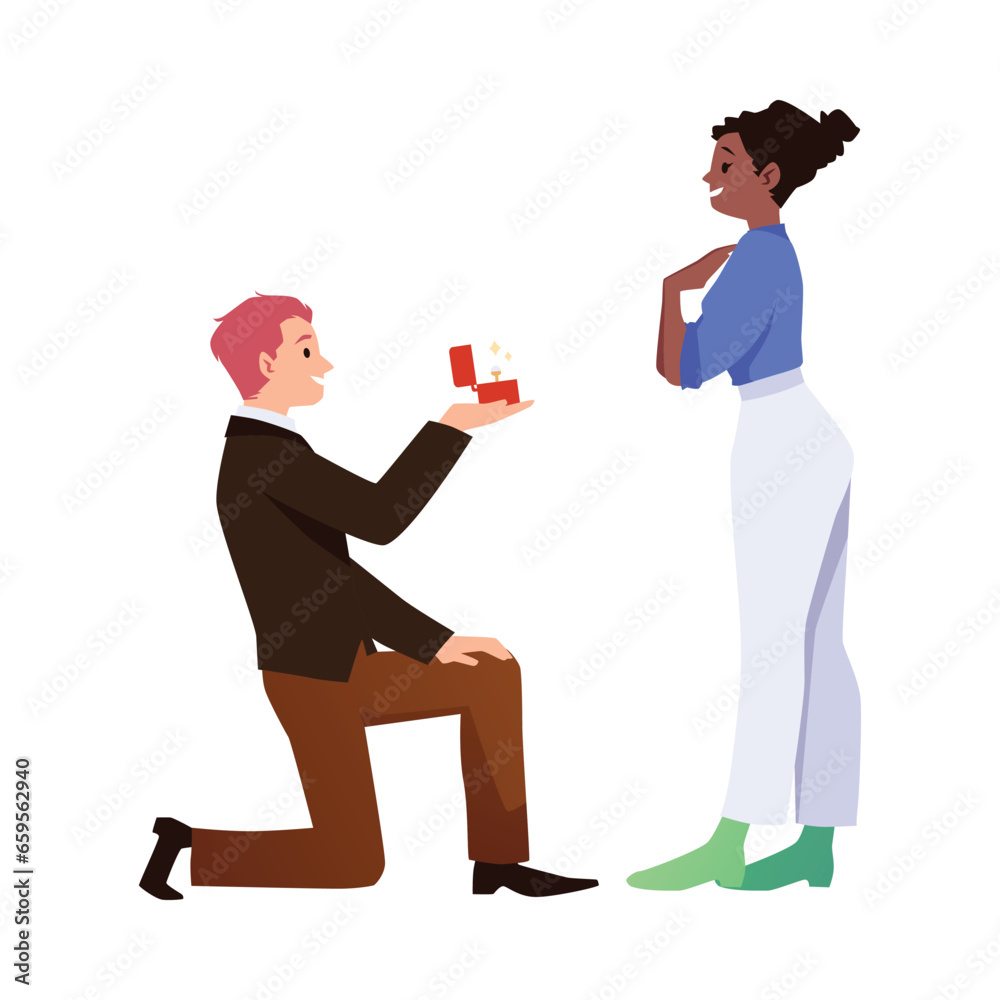 Happy man on one knee proposing to his girlfriend, flat vector illustration isolated on white background.