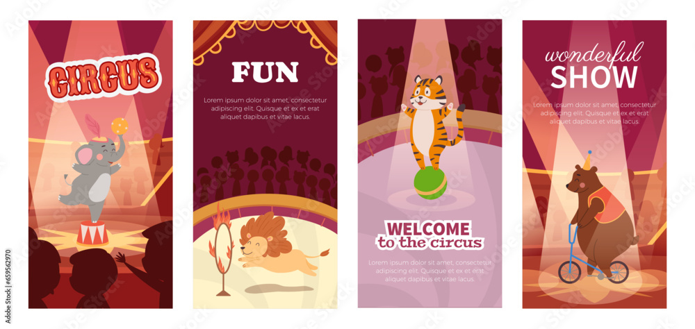 Cartoon circus animals vector flyers set, carnival show entertainment with wild animal performing acrobat tricks