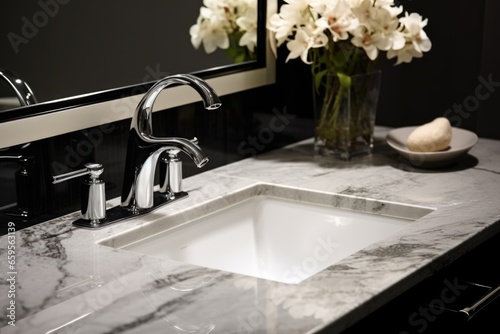 marble bathroom sink with metallic faucet