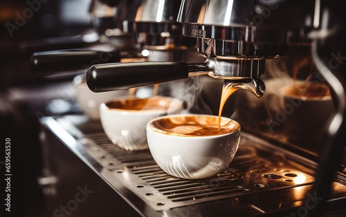 Espresso poruing from coffee machine at cafe