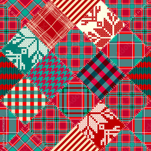 Patchwork textile pattern. Seamless quilting design background. Merry Christmas cozy pattern.