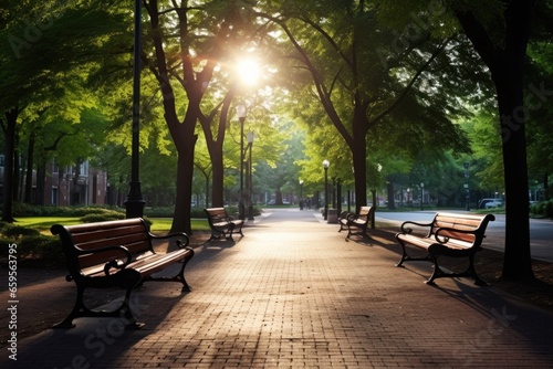 empty benches in a picturesque college park © altitudevisual