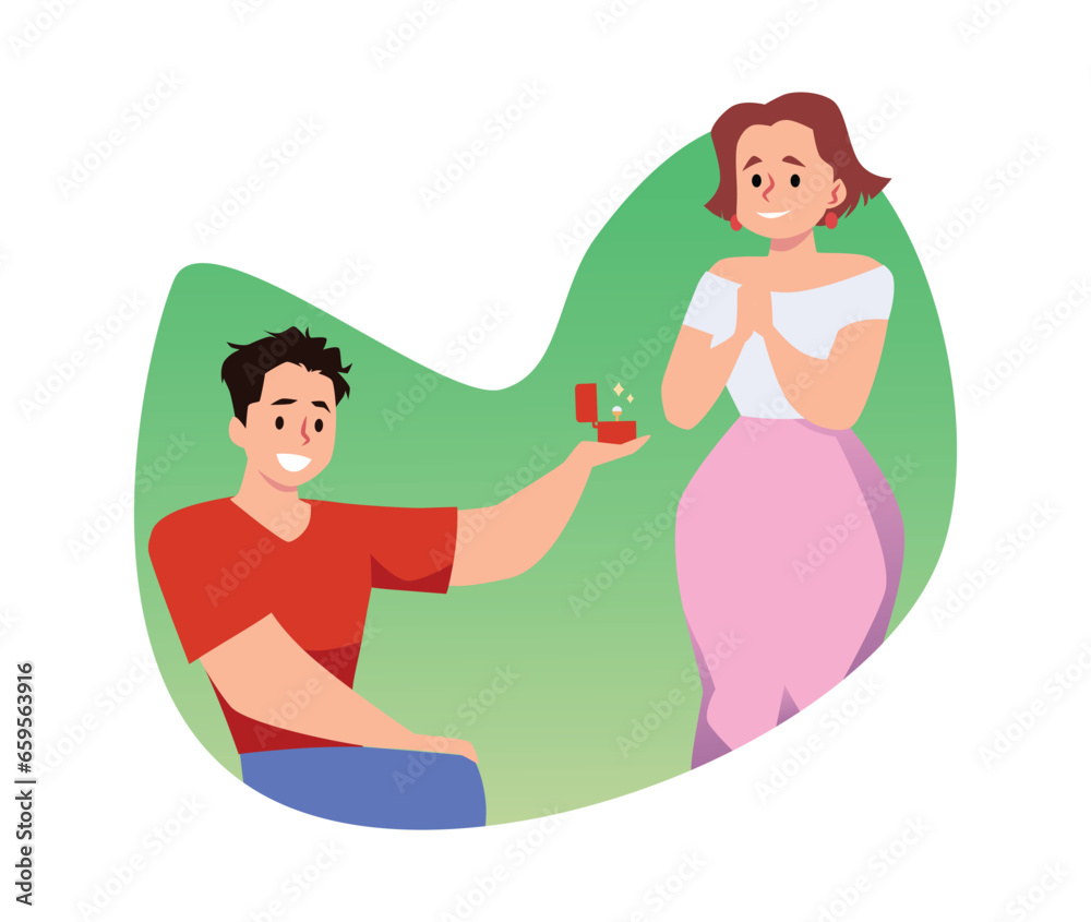 Young man making marriage proposal to smiling girl flat style, vector illustration Young man making marriage proposal to smiling girl flat style, vector illustration