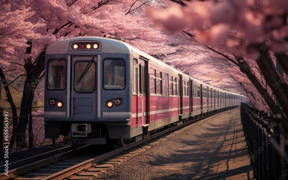 Obraz premium Train Under The Cherry Blossom Trees Background
