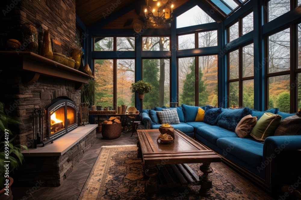a sun room with a blue couch and fireplace Generative AI