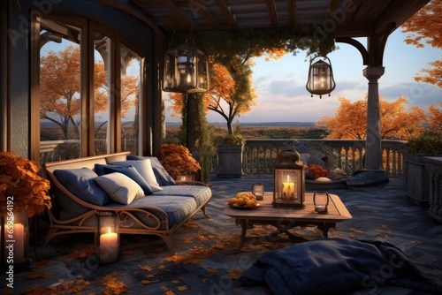 outdoor terrace and patio with an autumn theme Generative AI