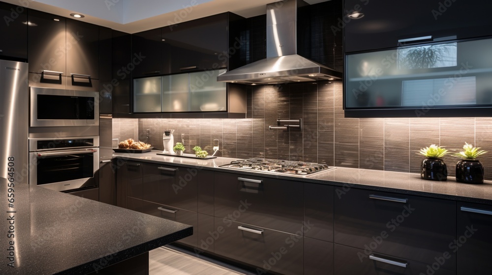 A modern kitchen with a sleek glass backsplash and state-of-the-art black appliances. A modern kitchen with a sleek glass backsplash and state-of-the-art black appliances.
