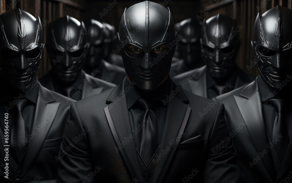 man in a suit wearing black mask. Hiding his true identity, intentions, or actions