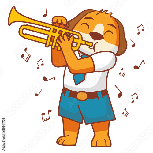 The dog plays the trumpet.Animal musician character.A student to study at a music school on the trumpet. Musical notation.Line art vector illustration.Student in school uniform