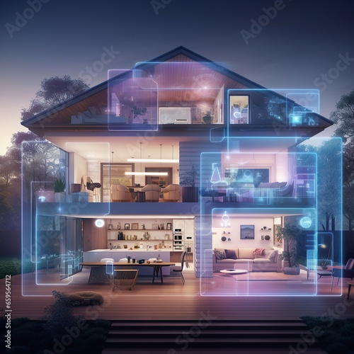 A high-quality render showcasing a modern home interior where various appliances and systems are managed seamlessly by a home AI assistant, displayed through holographic interfaces