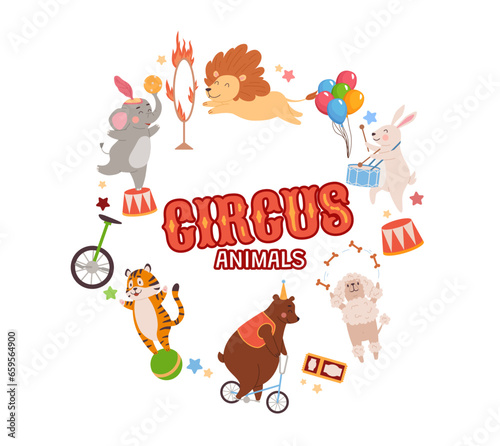 Cartoon circus animals performing acrobat tricks vector poster, lion jumping through a ring of fire, bear on a bicycle photo
