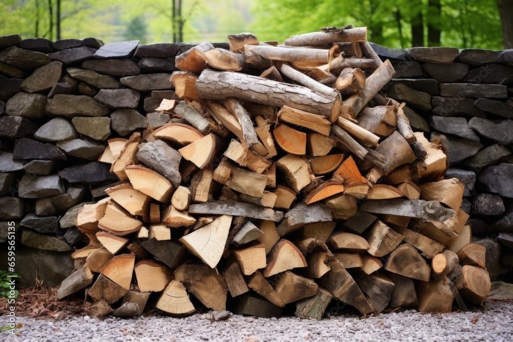a pile of firewood stacked against a stone wall a pile of firewood stacked against a stone wall