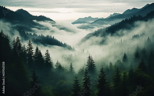 Misty landscape with fir forest © Tisha