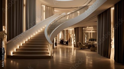 High-Ceilinged Hallway Enhanced by Artistic Lighting and Floating Staircases.
