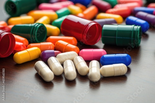 scattered pile of different colored capsules on table