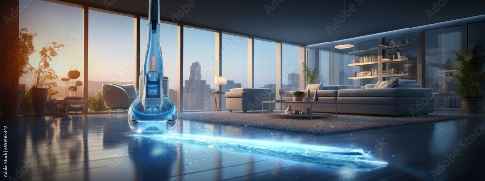 Wireless futuristic vacuum hoover cleaning machine working on schedule in a living room with HUD datum data and controls, concept of internet of things and smart home appliances a wide banner design