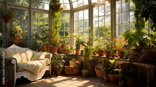 Bask in sunlight in a conservatory filled with potted plants.