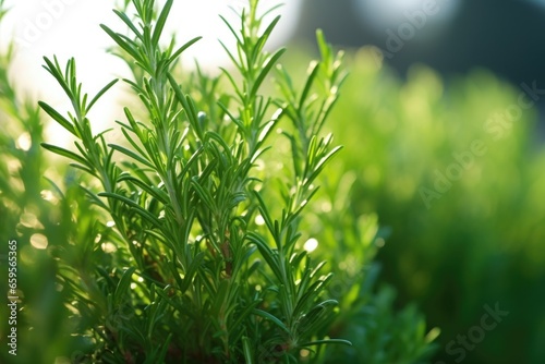 rosemary plant with leaves close-up under morning light