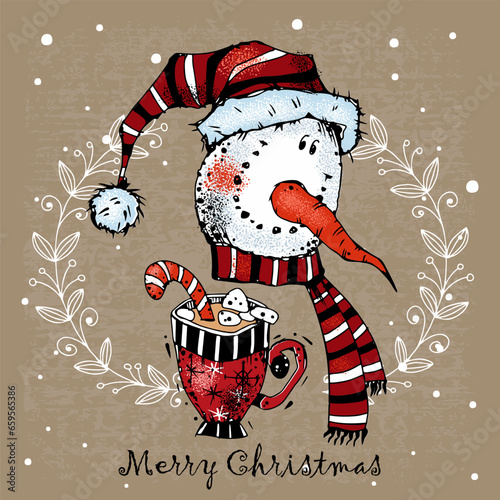 Christmas card. Cute funny snowman with gifts. Vector.