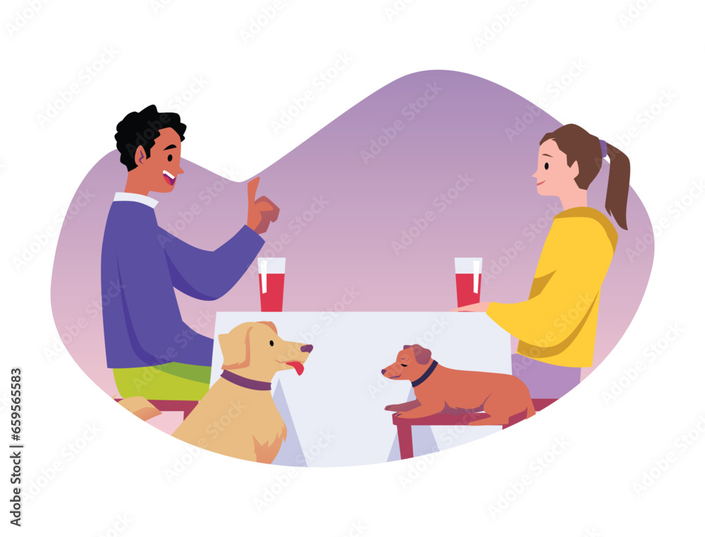 Couple with pets talking at table in cafe, happy owners chihuahua and labrador dogs, vector illustration of pet city