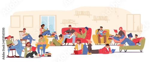 Character In The Serene Library, People Quietly Immerse Themselves In Books, A Symphony Of Rustling Pages