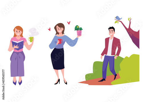 Happy girl reads book, man enjoying a walk in nature, JOMO lifestyle, Joy of missing out, personal comfort vector set